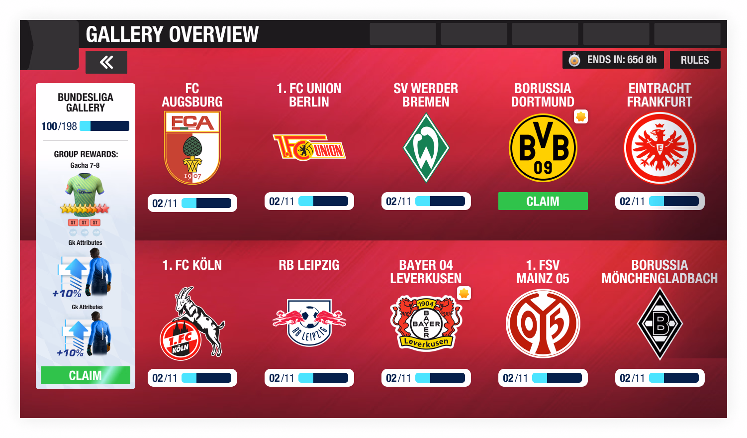Gallery overview screen showing all 18 Bundesliga clubs as collectible sets with per-club progress bars