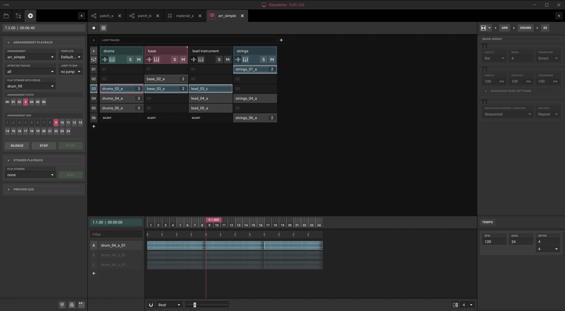 ELIAS Studio arrangement view with instrument tracks and segments