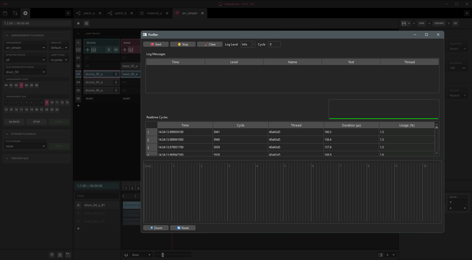 ELIAS Studio profiler showing runtime voices and performance