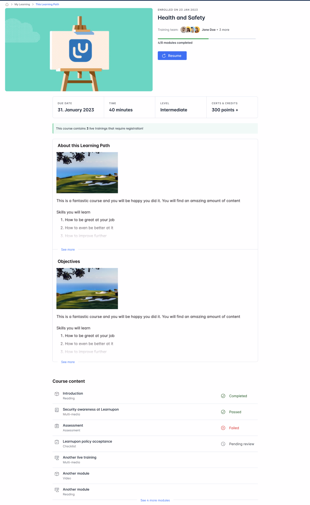 Learning platform handoff documentation and final screens