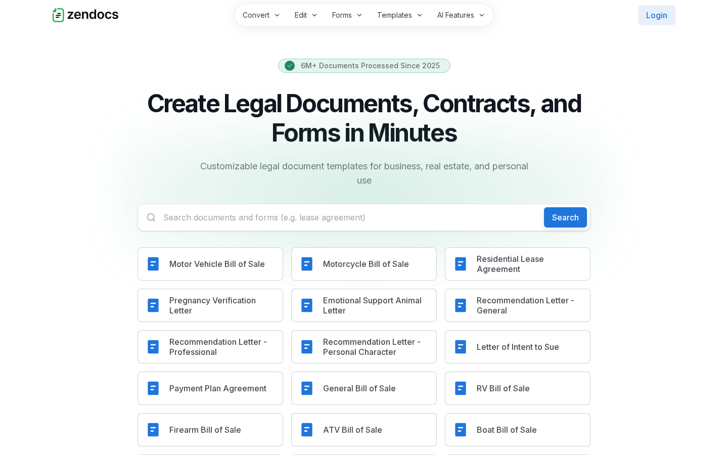 ZenDocs agreements template wizard landing page