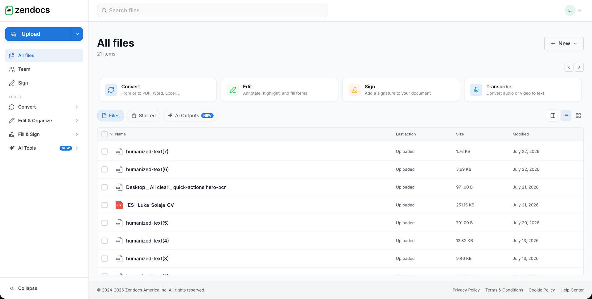 ZenDocs post-purchase dashboard with document list and tool entry points