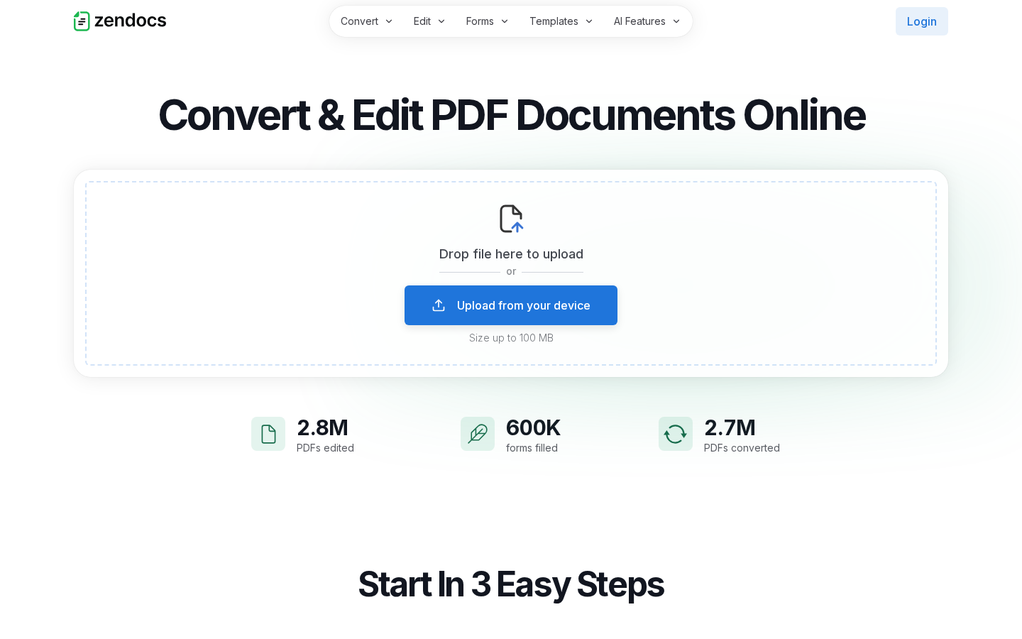 ZenDocs homepage with the uploader as hero