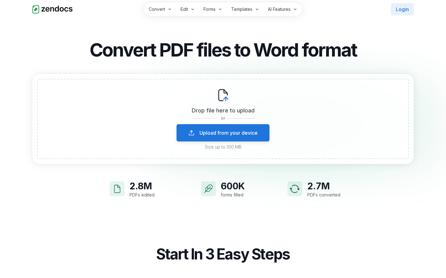 ZenDocs PDF to Word landing page