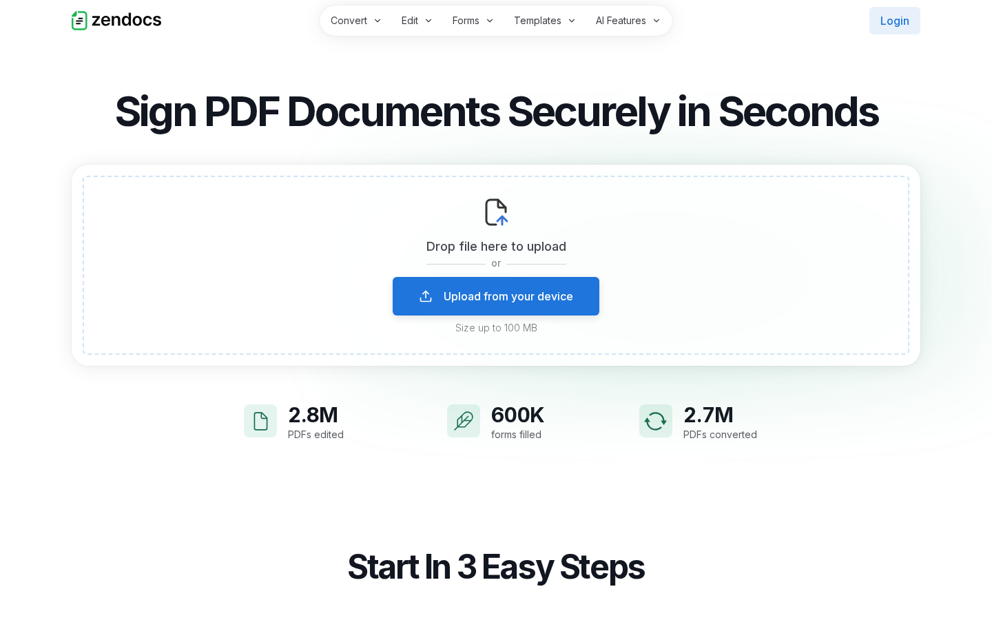 ZenDocs sign PDF landing page