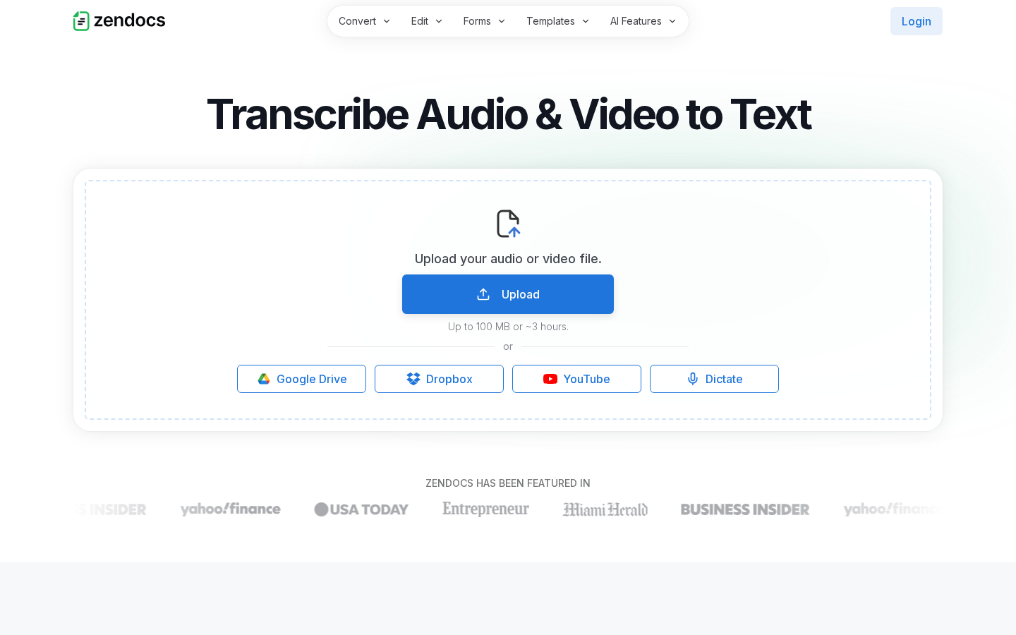 ZenDocs transcribe audio landing page
