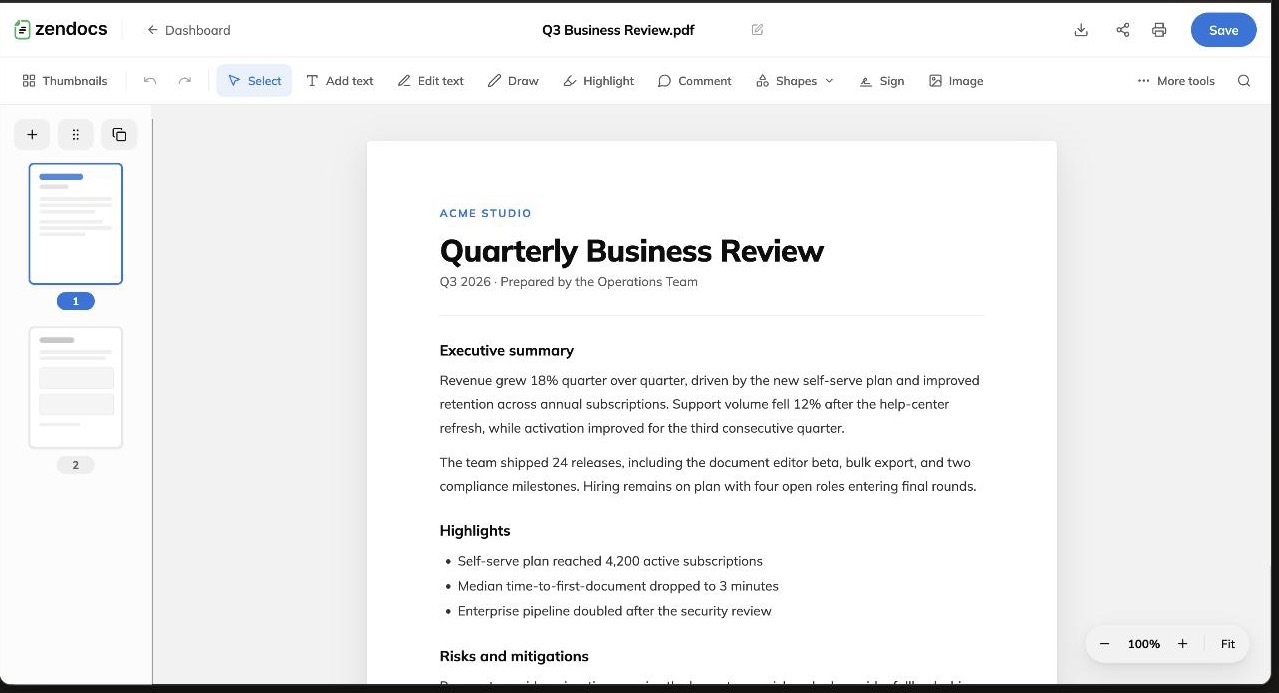 Redesigned PDF editor: top chrome with save, tool ribbon, thumbnail rail and document canvas