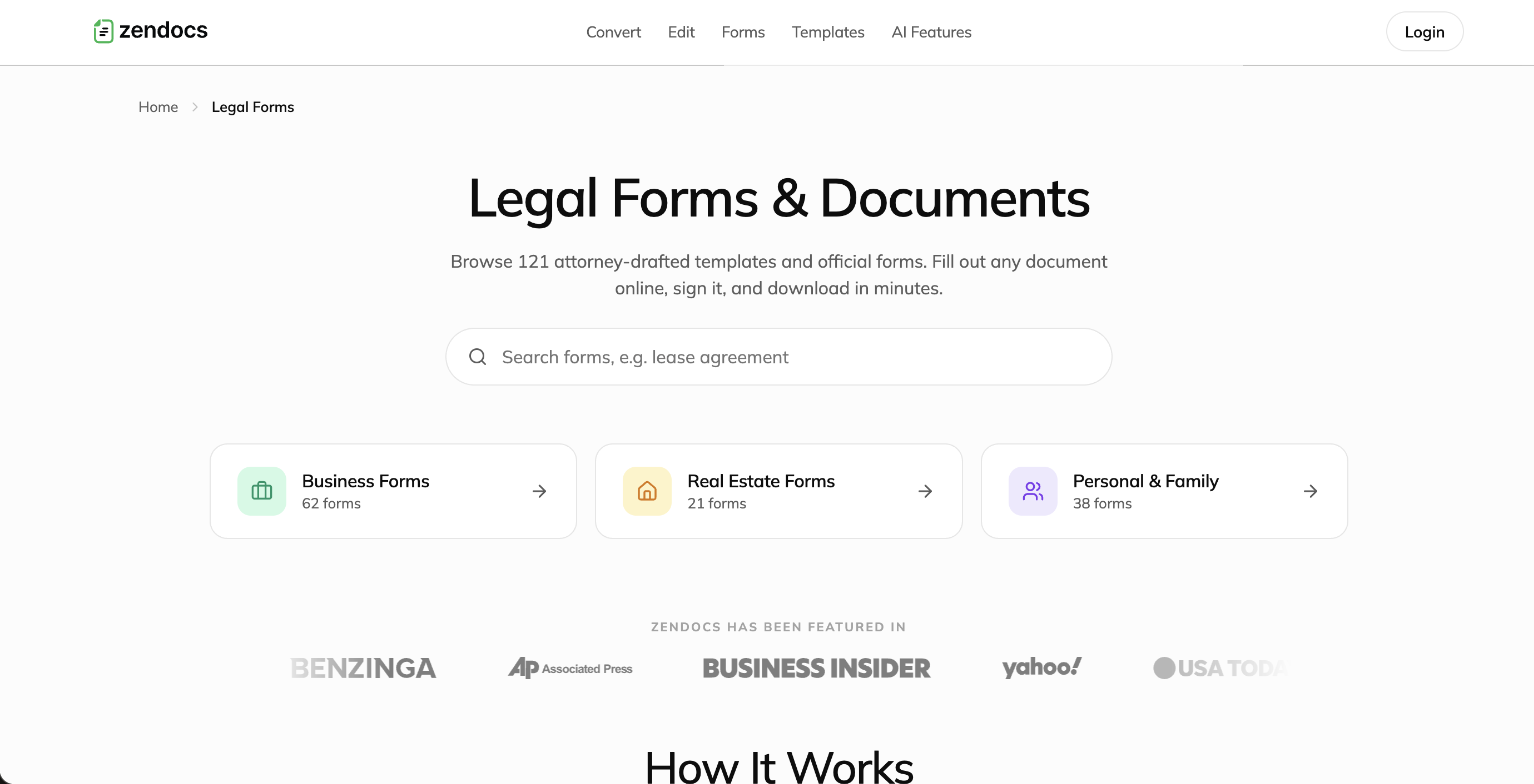 Legal Forms and Documents directory: live search over 121 forms with three category jump cards
