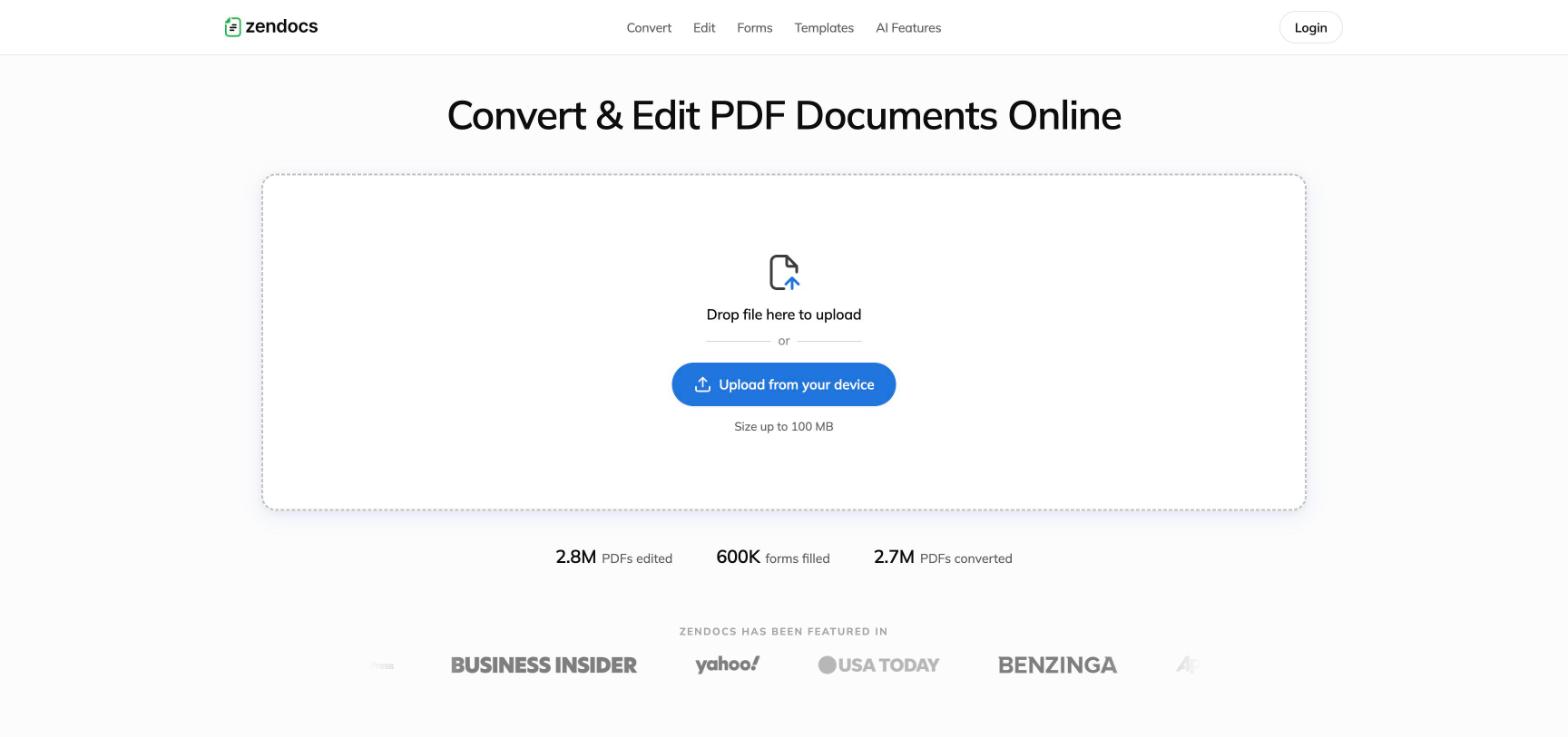 Redesigned Convert and Edit funnel: uploader as hero with usage stats and press marquee