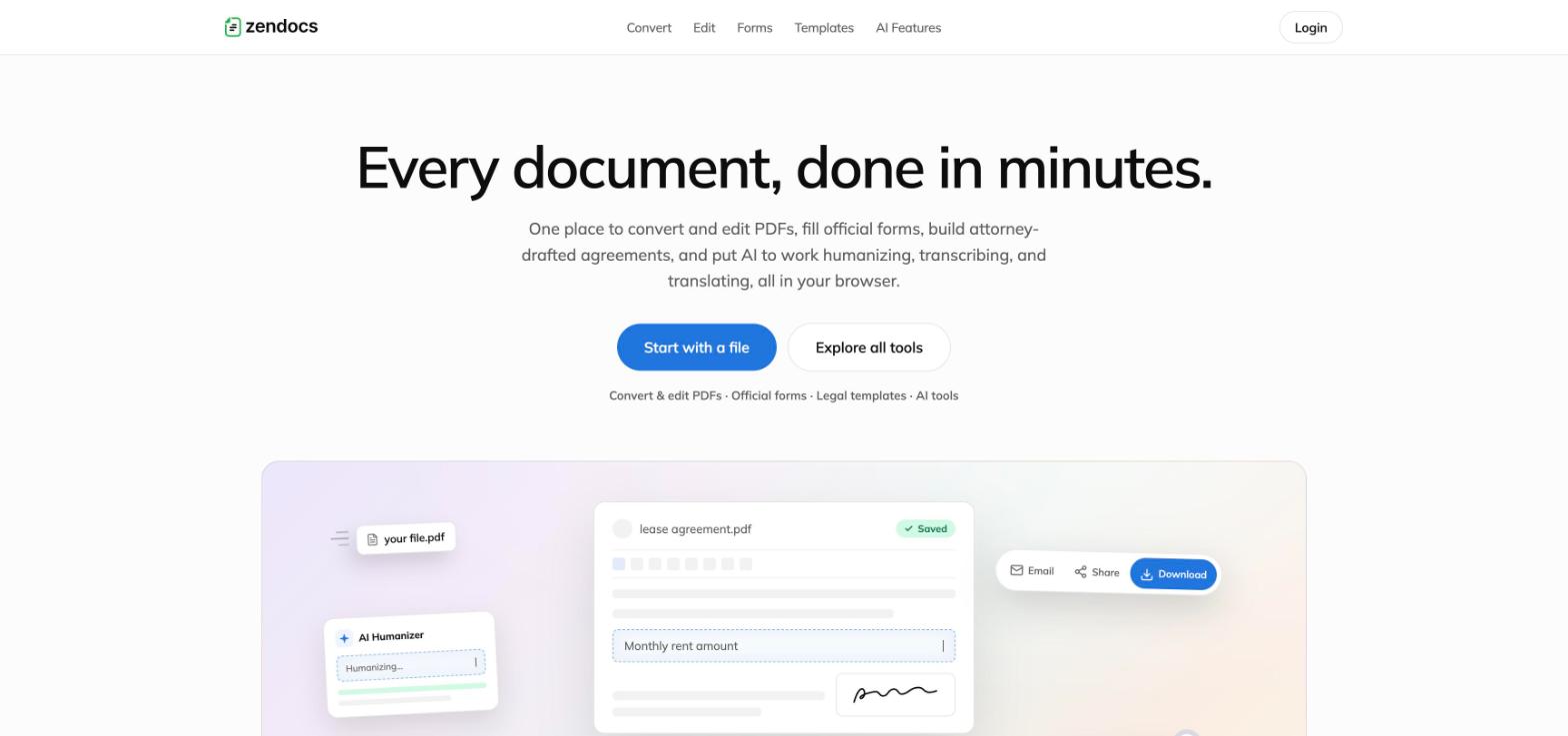 Redesigned ZenDocs homepage: Every document, done in minutes, with a primary CTA pair and product visual