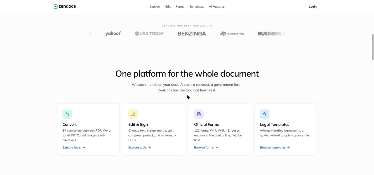 One platform for the whole document: Convert, Edit and Sign, Official Forms, Legal Templates category cards