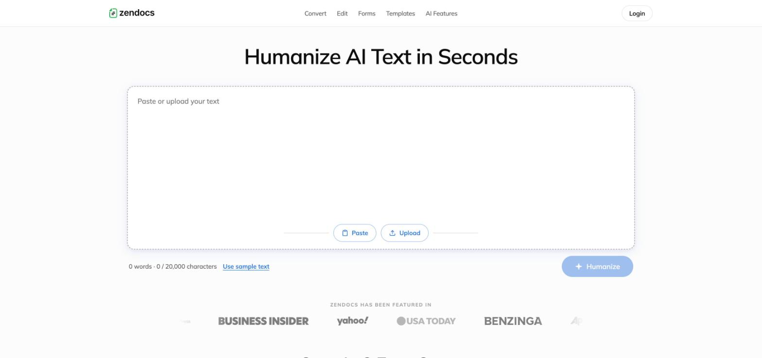 Redesigned AI Humanizer: paste-or-upload input as the hero with visible character limit