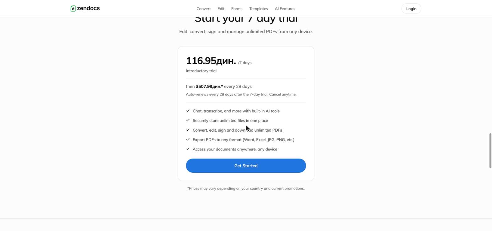 Trial pricing card showing localized introductory price, renewal amount and cadence, and cancel anytime