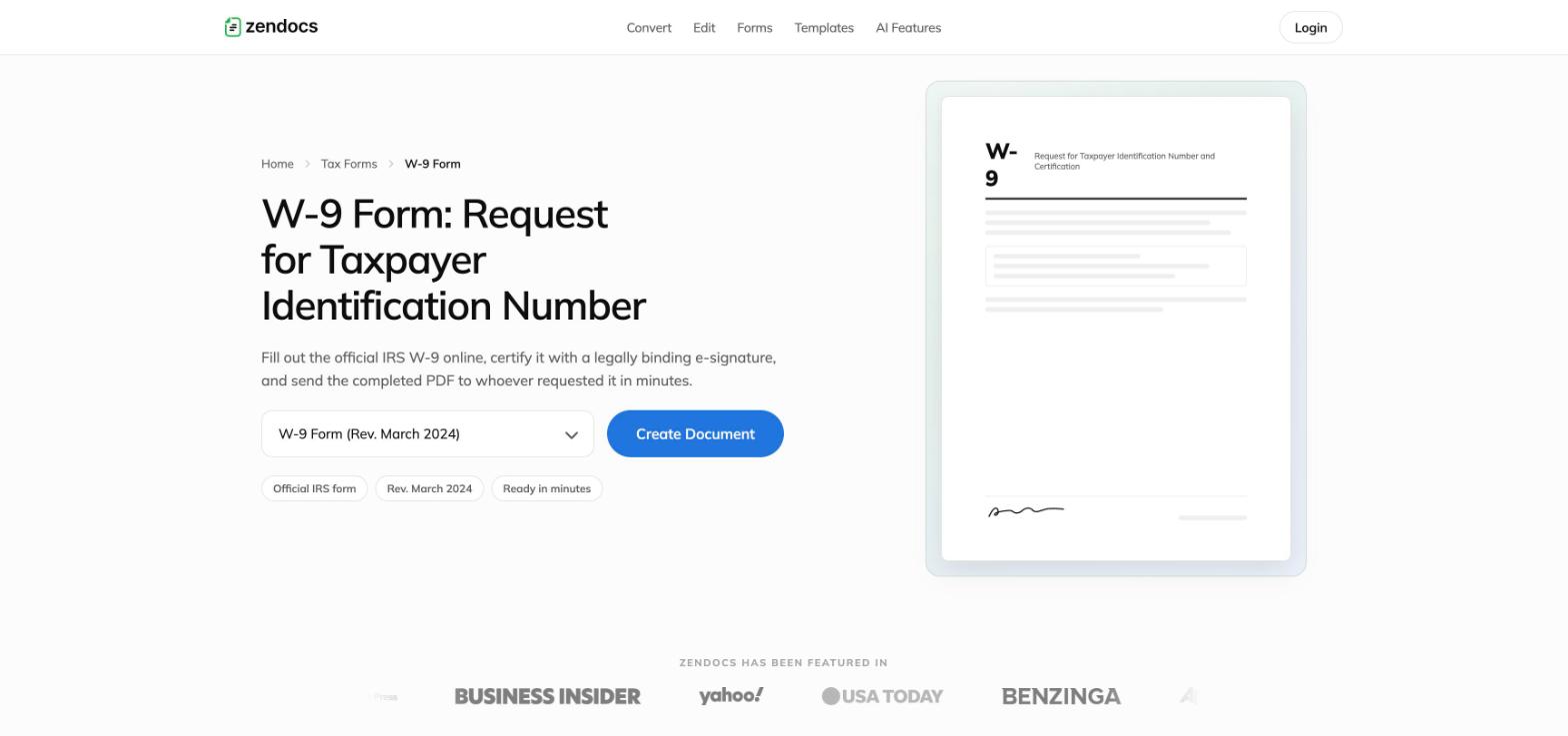 Redesigned W-9 form landing with version selector, Create Document CTA and document mock